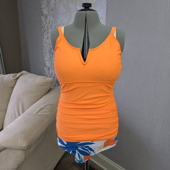 Tankini Bathing suit, Orange Top with printed bottoms size Medium - Picture 1 of 9
